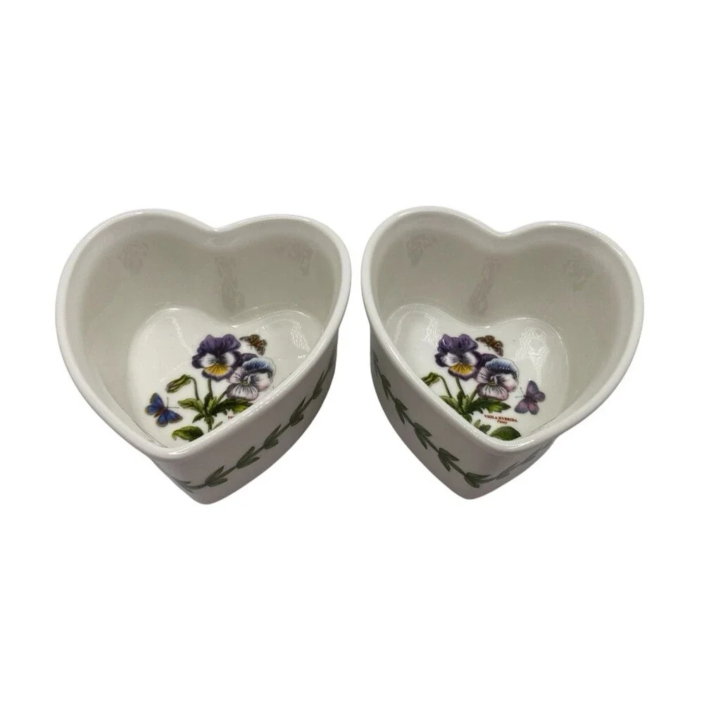 PORTMEIRION Set of 2 Botanic Garden Heart Shape Ramekins Pansies Butterflies NEW
